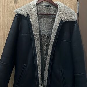 Via Firenze Italian Vintage Genuine Leather Shearling Black Coat